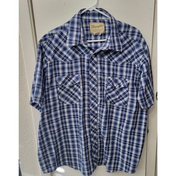 Wrangler Pearl Snap Western Blue White Plaid Short Sleeve Men's Shirt 2XL - Picture 1 of 5